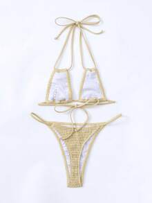 素色打褶掛脖比基尼泳裝 - 卡其色 - 查看 2