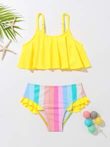 年轻女孩条纹荷叶边比基尼套装夏季海滩 - 彩色 - 查看 1