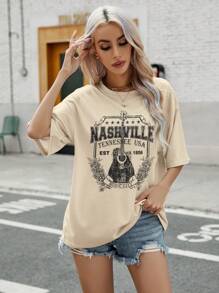 INAWLY Guitar And Letter Graphic Drop Shoulder Tee - Khaki - View 1