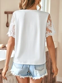 SHEIN Frenchy 拼接網紗刺繡T恤 - 白色 - 查看 2