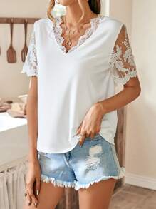 SHEIN Frenchy 拼接網紗刺繡T恤 - 白色 - 查看 3