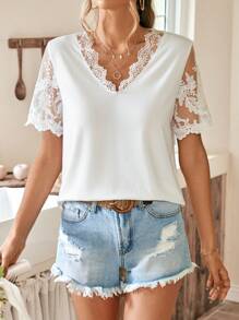 SHEIN Frenchy 拼接網紗刺繡T恤 - 白色 - 查看 5