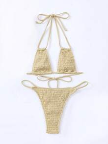 素色打褶掛脖比基尼泳裝 - 卡其色 - 查看 3