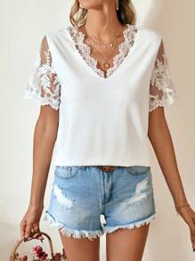 SHEIN Frenchy 拼接網紗刺繡T恤 - 白色 - 查看 6