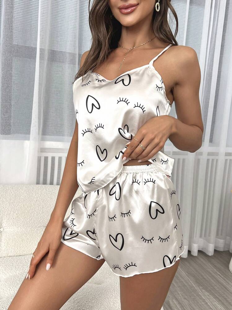 SHEIN Eyelash & Heart Print Satin PJ Set / Pajama Set White Set - White - View 6