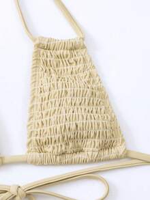 素色打褶掛脖比基尼泳裝 - 卡其色 - 查看 5