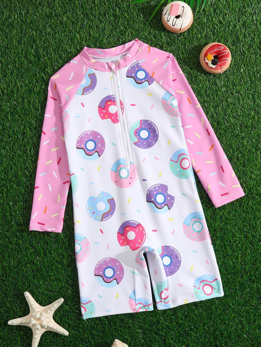 Young Girl Donuts Print Zipper Front One Piece Swimsuit - Multicolor - View 1