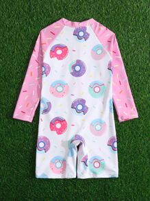 Young Girl Donuts Print Zipper Front One Piece Swimsuit - Multicolor - View 2