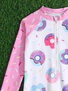 Young Girl Donuts Print Zipper Front One Piece Swimsuit - Multicolor - View 3