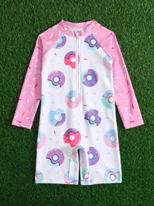 Young Girl Donuts Print Zipper Front One Piece Swimsuit - Multicolor - View 5