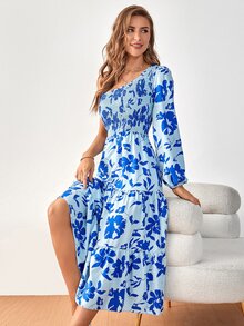 SHEIN VCAY 印花單肩多層下擺洋裝 - 藍色 - 查看 5