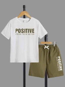SHEIN 男孩字母圖案T恤和腰部抽繩短褲 - 橄欖綠 - 查看 1