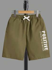 SHEIN 男孩字母圖案T恤和腰部抽繩短褲 - 橄欖綠 - 查看 4