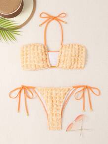 Plain Halter Tie Side Bikini Set - Orange - View 7