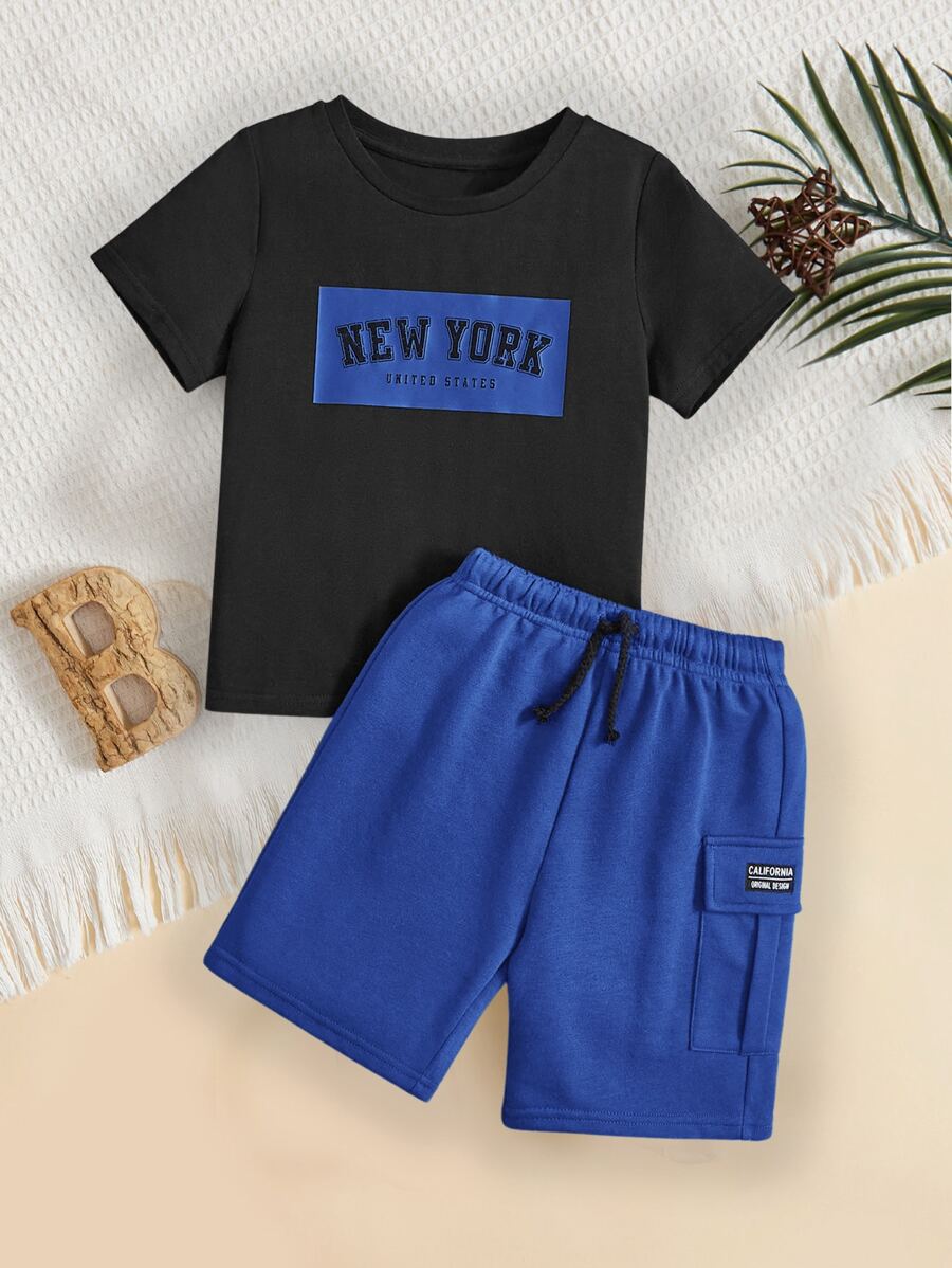 SHEIN Toddler Boys Letter Graphic Tee & Flap Pocket Shorts - Blue - View 1