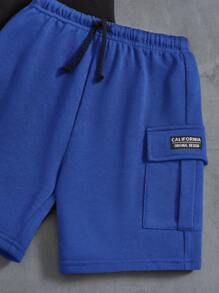 SHEIN Toddler Boys Letter Graphic Tee & Flap Pocket Shorts - Blue - View 3