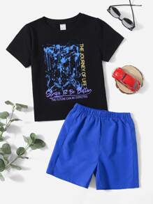 SHEIN Toddler Boys Slogan Graphic Tee & Shorts - Royal Blue - View 1