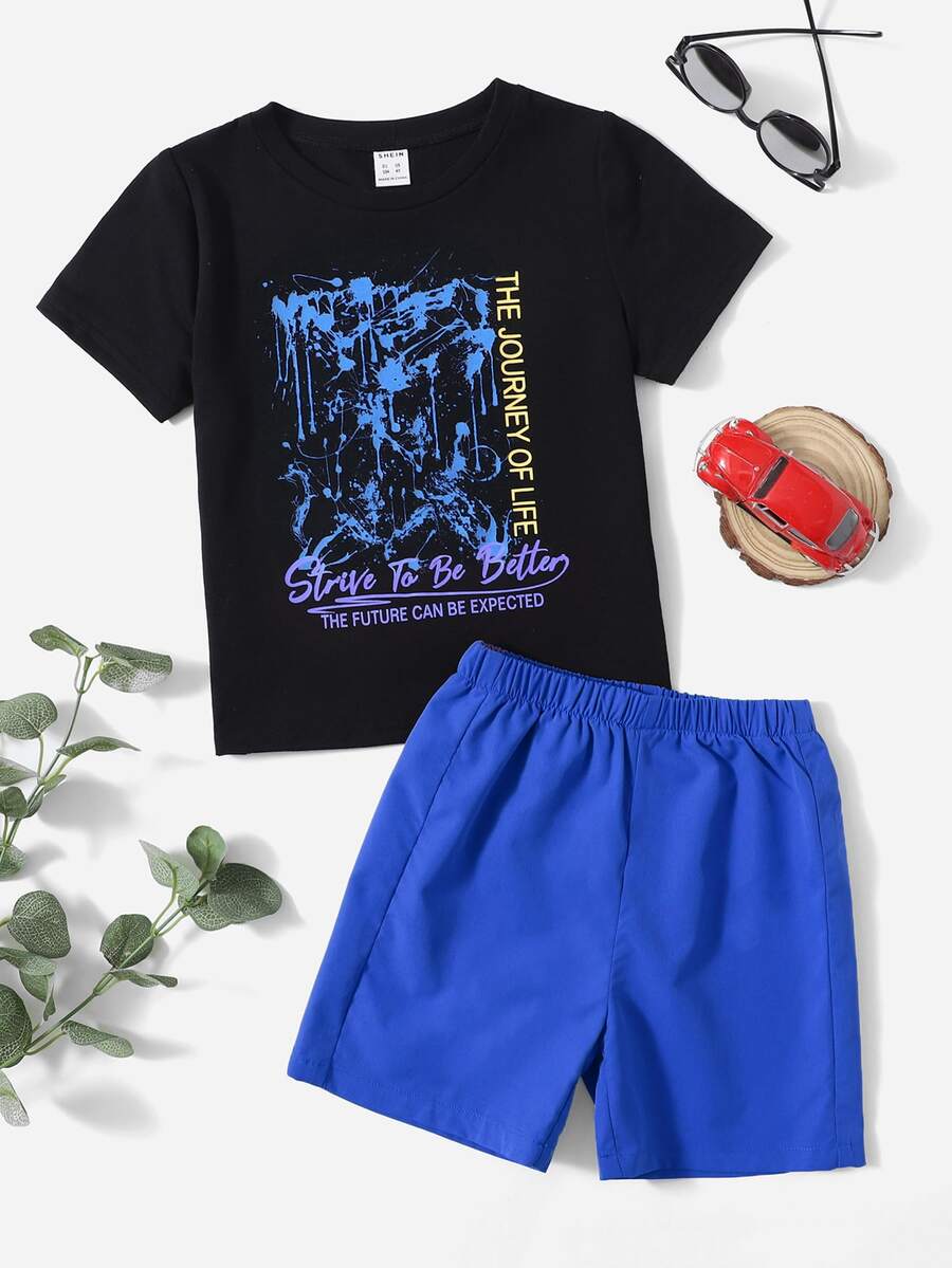 SHEIN Toddler Boys Slogan Graphic Tee & Shorts - Royal Blue - View 1