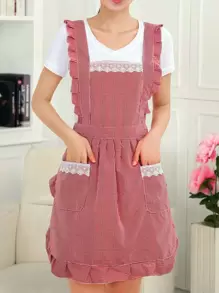 1入組格紋圖案蕾絲邊圍裙,滌綸烹飪圍裙適用於廚房 - 彩色 - 查看 1