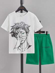 SHEIN Tween Boy Figure Graphic Tee & Shorts - Green - View 1
