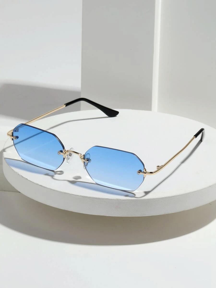 015835340007 1副迷你六边形无框复古全金属渐变太阳镜，适合街头、海滩、通勤、经典复古旅行时尚（附赠挂绳、眼镜盒、清洁布）