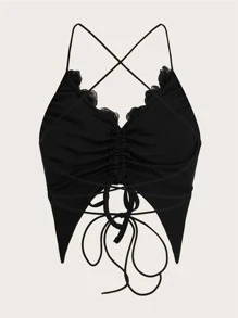 ROMWE Goth Appliques Drawstring Front Tie Backless Cami Top - Black - View 2