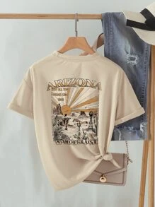 INAWLY Mountain & Slogan Graphic Drop Shoulder Tee ARIZONA MAY ALL YOUR WISHES COME TRUE WANDERLUST - Khaki - View 1