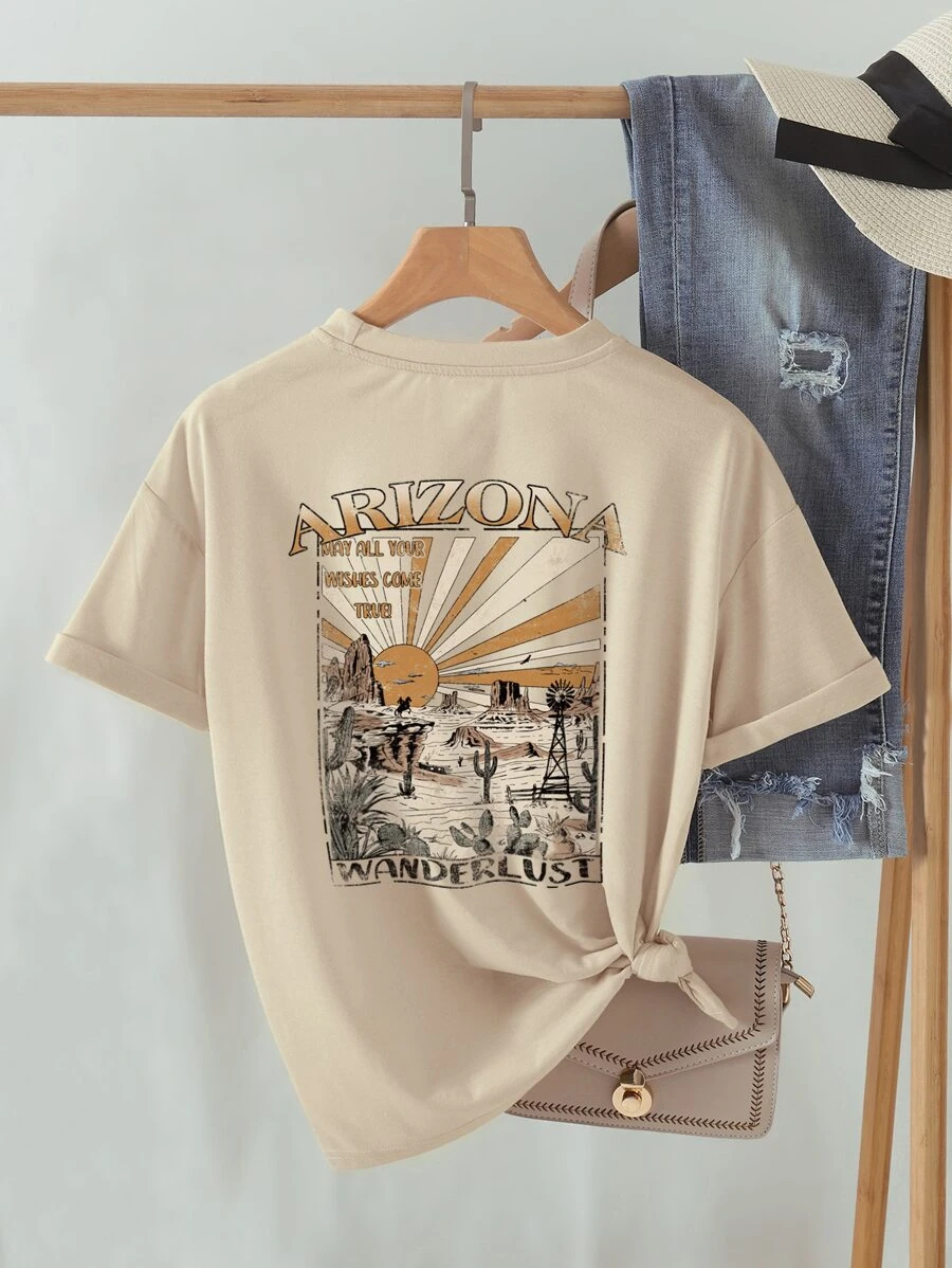 INAWLY Mountain & Slogan Graphic Drop Shoulder Tee ARIZONA MAY ALL YOUR WISHES COME TRUE WANDERLUST - Khaki - View 1