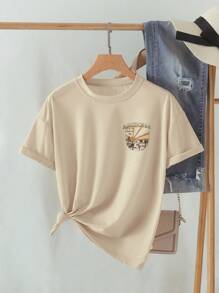 INAWLY Mountain & Slogan Graphic Drop Shoulder Tee ARIZONA MAY ALL YOUR WISHES COME TRUE WANDERLUST - Khaki - View 2