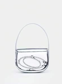Mini Saddle Bag Silver Rhinestone Decor Top Handle - Silver - View 2