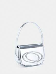 Mini Saddle Bag Silver Rhinestone Decor Top Handle - Silver - View 3