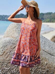 SHEIN Maternidad Vestido de tirantes con estampado floral bajo con fruncido - Multicolor - Ver 1