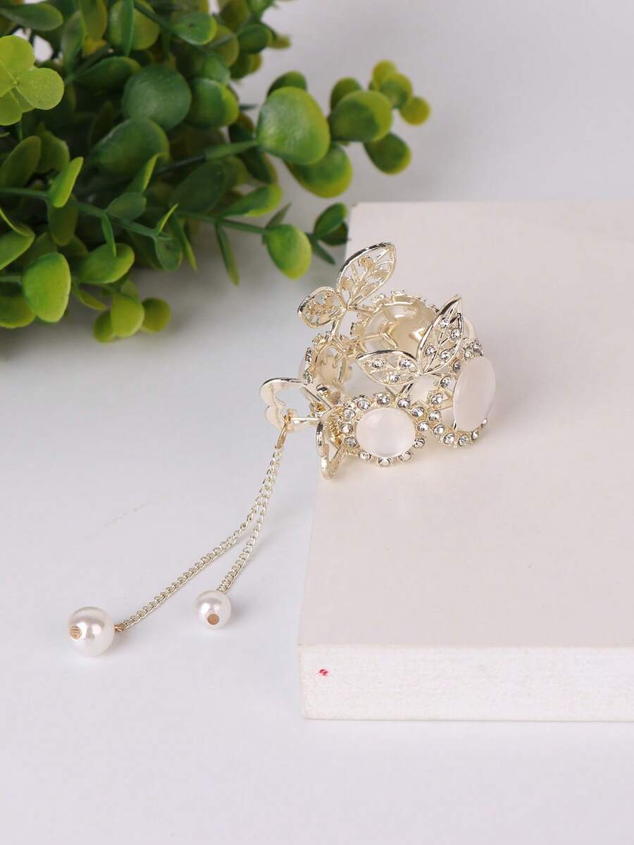 1pc Women Rhinestone & Faux Pearl Cherry Decor Fashion Hair Claw - Gold - View 1