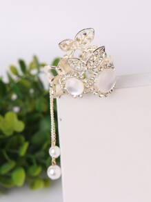 1pc Women Rhinestone & Faux Pearl Cherry Decor Fashion Hair Claw - Gold - View 2