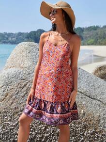 SHEIN Maternidad Vestido de tirantes con estampado floral bajo con fruncido - Multicolor - Ver 3