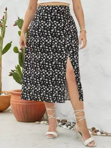 SHEIN Unity Váy Plus Size Tách cao Họa tiết hoa Boho - màu đen - Xem 1