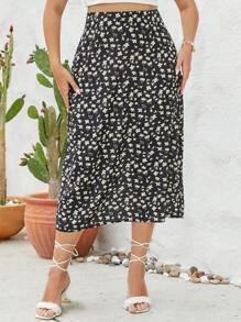 SHEIN Unity Váy Plus Size Tách cao Họa tiết hoa Boho - màu đen - Xem 2