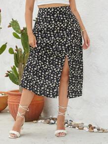 SHEIN Unity Váy Plus Size Tách cao Họa tiết hoa Boho - màu đen - Xem 3