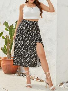 SHEIN Unity Váy Plus Size Tách cao Họa tiết hoa Boho - màu đen - Xem 5