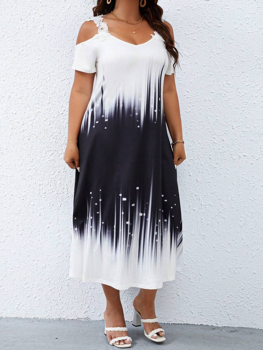 大碼紮染挖肩貼花細節連衣裙 - 黑與白 - 查看 1