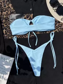 SHEIN Swim Summer Beach Drawstring Bandeau Tie Side Bikini Set - Baby Blue - View 2