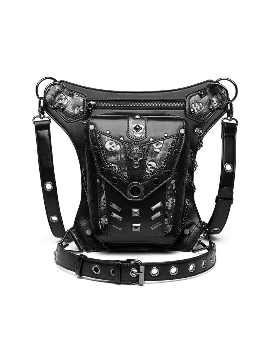 Motorcycle Rider Waist Bag Steampunk Hip Belt Bag Retro Punk Rock Bag Phone Pouch - Black - View 1