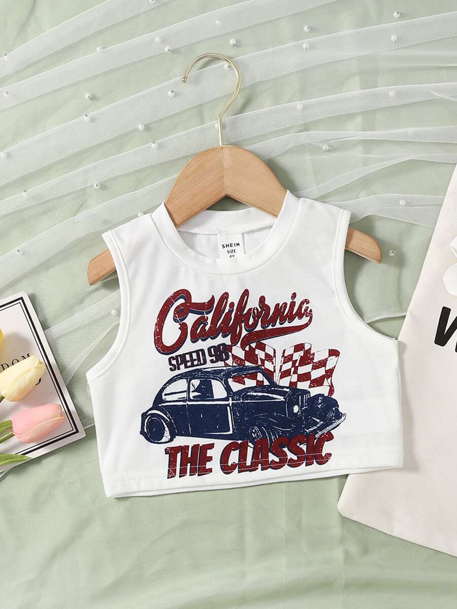 Toddler Girls Car & Letter Graphic Tank Top - White - View 1