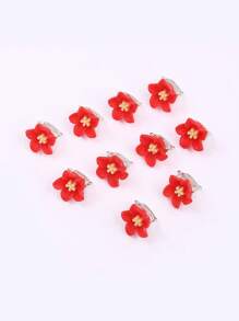 10入組女士樹脂花迷你髮夾,甜美風和時尚學院風,適用於日常穿著和旅行 - 紅色 - 查看 3