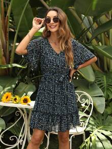 滿版植物圖案繫腰帶連衣裙 - 藏蓝色 - 查看 4