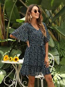 滿版植物圖案繫腰帶連衣裙 - 藏蓝色 - 查看 5