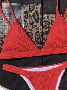 SHEIN Swim Summer Beach Solid Triangle Thong Bikini Set - Red - View 3