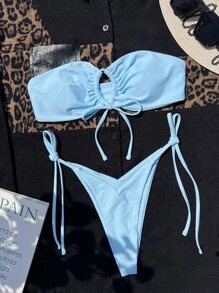 SHEIN Swim Summer Beach Drawstring Bandeau Tie Side Bikini Set - Baby Blue - View 4