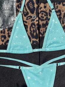 Swim SXY Summer Beach Glitter Bikini Set Halter Micro Triangle Bra Top & V-String Bikini Bottom 2 Piece Bathing Suit - Mint Blue - View 3