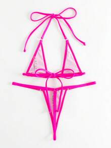 Swim SXY Rave Bikini Set Ring Linked Halter Triangle Micro Bra & G-String Bottom 2 Piece Bathing Suit,Summer Beach - Hot Pink - View 3